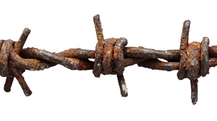 Rusty barbed wire closeup with sharp twisted metal, detailed texture of weathered iron, symbol of security, danger, and barriers isolated on transparent background
