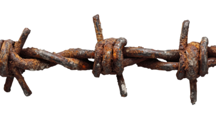 Rusty barbed wire closeup with sharp twisted metal, detailed texture of weathered iron, symbol of security, danger, and barriers isolated on transparent background