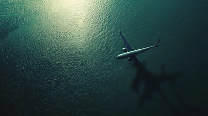 Fototapeta premium Airplane Flying Over Ocean in High-Quality Aerial View with Shadows