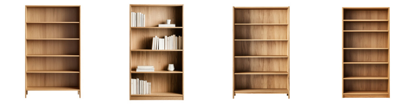 Minimalist contemporary wooden bookshelves or bookcases with empty shelves in a modern clean home or office interior design  Versatile storage and display solution for books decor and organization