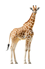 Obraz premium Cute giraffe standing tall, adorable safari animal illustration, African wildlife character, long-necked mammal with detailed spots isolated on transparent background