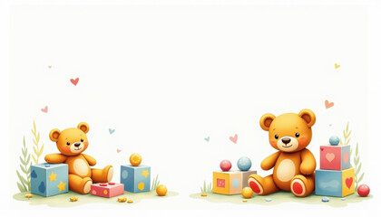Fototapeta premium Cute digital illustration of teddy bears playing with colorful blocks and balls
