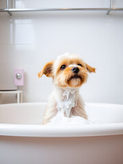 A cute dog in bath with soap foam on glossy white refreshing fashion background. adorable pet portrait shampoo pet grooming salon spa wallpaper