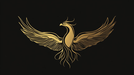 Obraz premium rising phoenix. simple golden line art isolated on black background