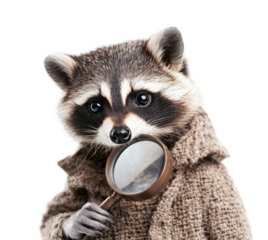 Cute raccoon wearing coat and holding magnifying glass, adorable animal detective character with curious and playful theme isolated on transparent background