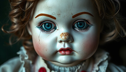 Vintage porcelain doll with cracked paint and an unsettling expression. Close up portrait of an old doll, digital art, with white tones