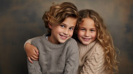 Obraz premium Smiling Siblings in Cozy Knitwear on a Pastel Background, showcasing sibling love and warmth, perfect for family and lifestyle themes. National Siblings Day. Family Day. World Kindness Day.