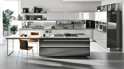Modern kitchen with island, sleek cabinets, and dining area.