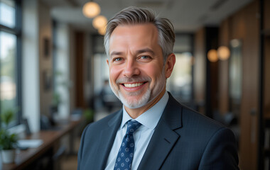 Fototapeta premium Happy mid aged older business man executive standing in office. Smiling 50 year old mature confident professional manager, confident businessman investor looking at camera, headshot close up portrait.