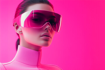 Futuristic portrait of a woman wearing oversized pink visor glasses and a matching high-neck outfit.