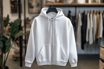 A stylish white zip-up zipped hoodie mockup displayed on a hanger in a modern clothing store. The background features various clothing items hanging on racks, creating a trendy shopping atmosphere. 