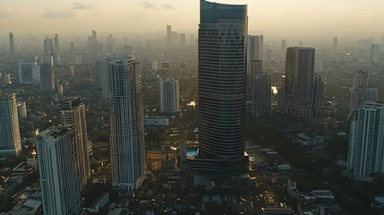 Fototapeta premium Majestic cityscape at sunset, showcasing a modern skyscraper amongst dense urban development. Golden hour light illuminates the scene.
