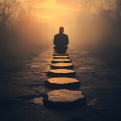 Exploring Personal Growth Through a Glowing Timeline of Progress at Sunset Outdoor Scene Inspirational Journey Contemplative View Reflective Concept