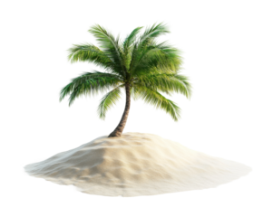 Lone desert island with a single palm tree growing on a sandy dune, tropical beach escape concept, isolated on white background