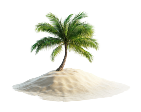 Lone desert island with a single palm tree growing on a sandy dune, tropical beach escape concept, isolated on white background
