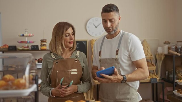 Man and woman working together in a bakery shop, using a tablet and discussing over pastries displayed on shelves with a clock in the background