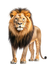 Strong lion standing with majestic golden mane, fierce wild animal, king of the jungle, powerful predator, safari wildlife, and exotic mammal isolated on transparent background