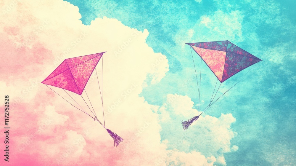 Poster brightly colored kites soaring through a pastel sky with fluffy clouds during a sunny afternoon in a