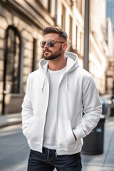 Obraz premium A stylish young man wearing a white zipped hoodie mockup and sunglasses, standing outdoors in an urban setting. The background features modern architecture and a sunny atmosphere. 