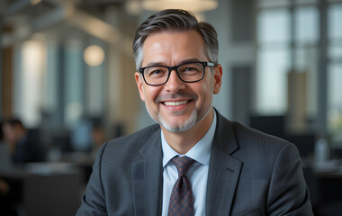 Fototapeta premium Happy middle aged professional business man, smiling mature executive ceo manager, 45 years old male entrepreneur, confident business owner wearing glasses in office. Headshot portrait.