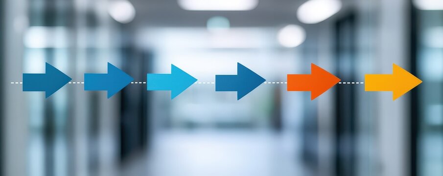 Colorful arrows in a modern office symbolize direction and progress in business.