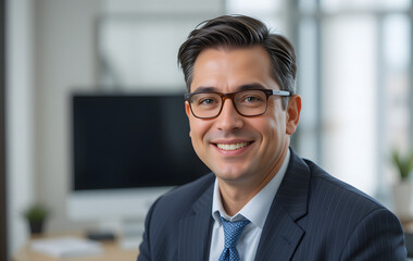 Fototapeta premium Happy middle aged professional business man, smiling mature executive ceo manager, 45 years old male entrepreneur, confident business owner wearing glasses in office. Headshot portrait.