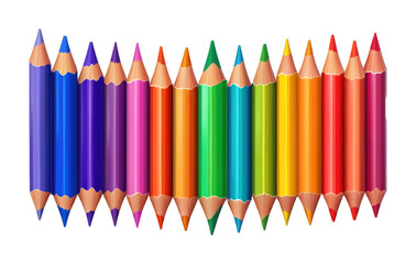 Vibrant rainbow colored pencils arranged in a row. Isolated on transparent background, png.
