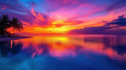 Tranquil Beach Horizon with Wide Angle View of Vivid Sunset Colors Reflecting in Calm Waters Under a Colorful Sky at Dusk