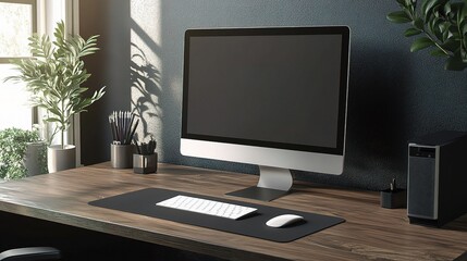 Fototapeta premium Modern Minimalist Office Desk Setup with Computer and Notebook