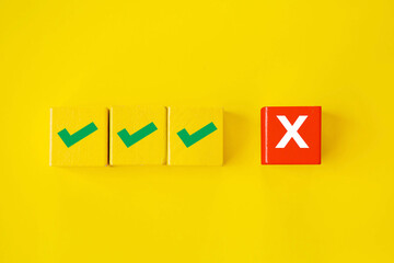 Cubes block with correct mark and one wrong mark; Concept of defect or problem; Quality control and Quality management