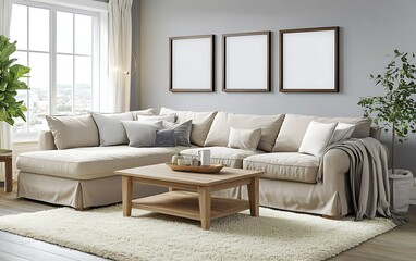 Fototapeta premium Modern living room interior design, beige sectional sofa, city view.