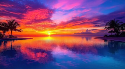Tranquil Wide Angle View of Serene Beach at Sunset with Vibrant Colors Reflecting on Still Water and Cloudy Horizon