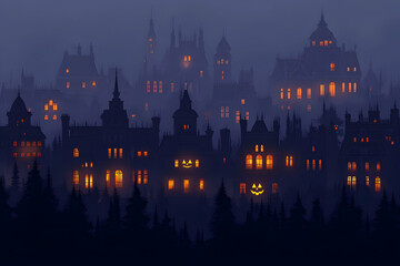 Obraz premium Enchanting Halloween night scene; mysterious gothic town nestled in a dark forest, illuminated by warm window lights and spooky jack-o'-lanterns.