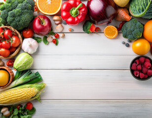 Healthy food background. Food photography different fruits and vegetables on white wooden ta
