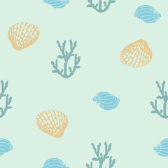 Set of sea style seamless patterns. Underwater creatures, starfish, sea horse, coral, fish. marine, nautical endless wallpaper, background. Endless