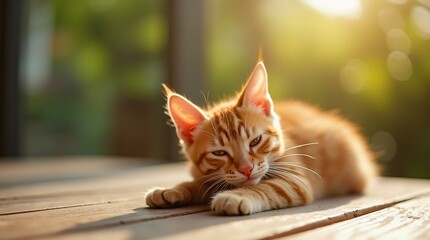 Obraz premium Playful Ginger Cat Resting on a Wooden Table in the Warm Sunshine.