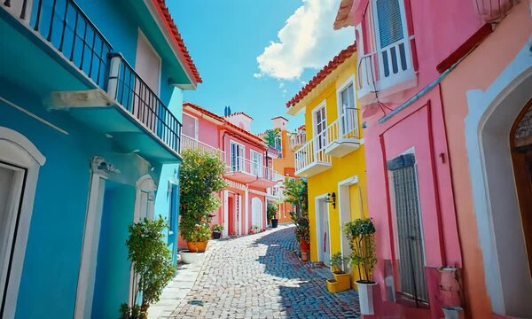Vibrant Pastel-Colored Houses Line a Charming Cobblestone Street