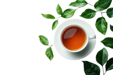 Fototapeten Fresh brewed tea in white ceramic cup with scattered green tea leaves, aromatic and natural hot drink, refreshing beverage isolated on transparent background © Vlad