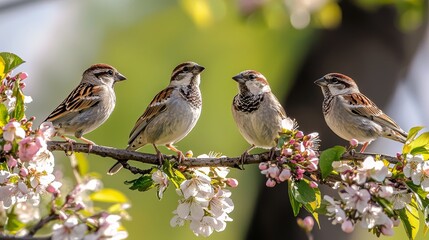 Fototapeta premium Sparrows Perched on a Blossom-Laden Branch in Springtime