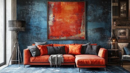 Modern living room with orange sofa, abstract art, and textured walls.
