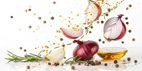 Onion slices, rosemary and various spices float in front of the white background.A small dish is liquid, probably with oil, to accompany the ingredients, giving a dynamic and fresh culinary feeling.AI