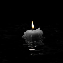 Fototapeta premium A lone white candle, partially melted, floats on dark, reflective water. the gentle flame stands out against a black background, creating a serene, tranquil ambiance with faint ripples and soft