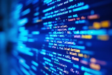 Close-up of vibrant computer programming code lines in blue tones, creating a digital and modern aesthetic. Concept for technology, coding, and software. Ai generative