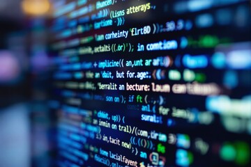 Fototapeta premium Close-up of programming code in vibrant colors displayed on a screen, blurred background, concept of coding, technology, and software development. Ai generative