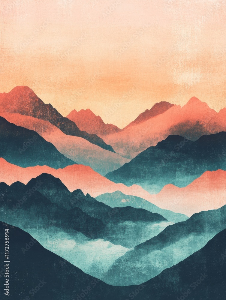 Leinwandbilder mountain landscape with retro risograph style features vibrant colors and layered depth during twili
