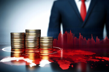 Global financial crisis concept stacks of gold coins on a world map with a red declining graph and a blurred businessman in the background, symbolizing economic downturn.