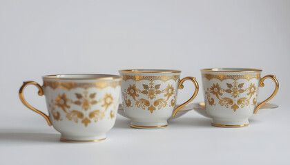 set of vintage granny's, antique tea, coffee cups with gold rim, isolated on white background, blurry foreground