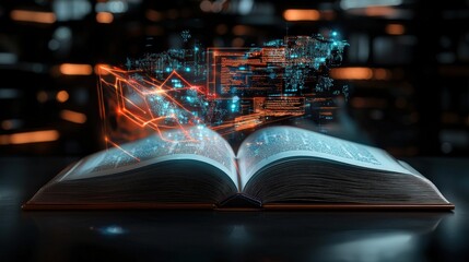 An open book with vibrant digital holograms of historical events projected above its pages