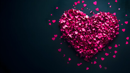 Heart shaped arrangement of pink confetti scattered on dark background, creating romantic and festive atmosphere