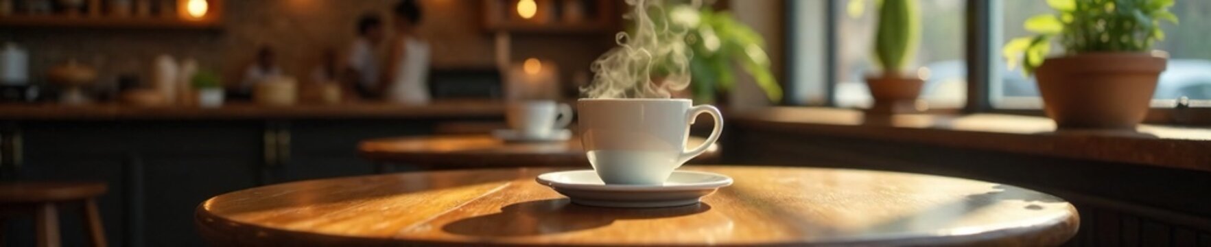 Aromas of freshly brewed coffee waft from a small wooden table, cafe, atmosphere